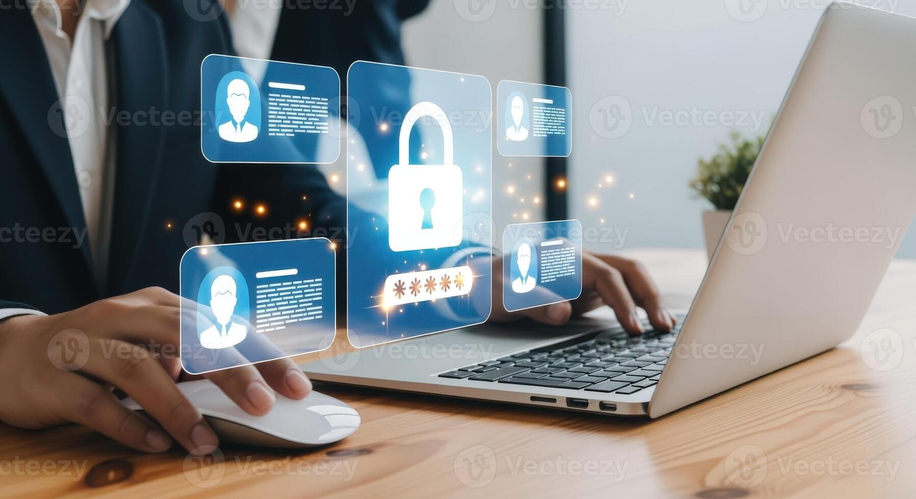 Data Security Concept Professional Securing Laptop with Firewall, Encrypted Password, and User Authentication Interface photo