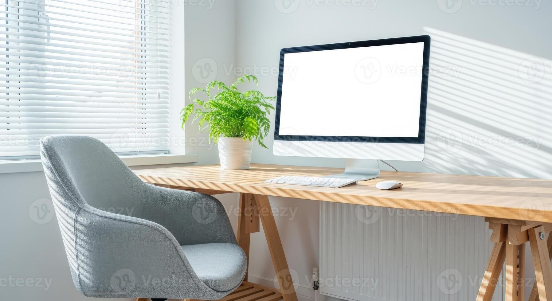 Modern Home Office Setup with Blank Computer Screen and Minimalist Design for Product Mockups photo