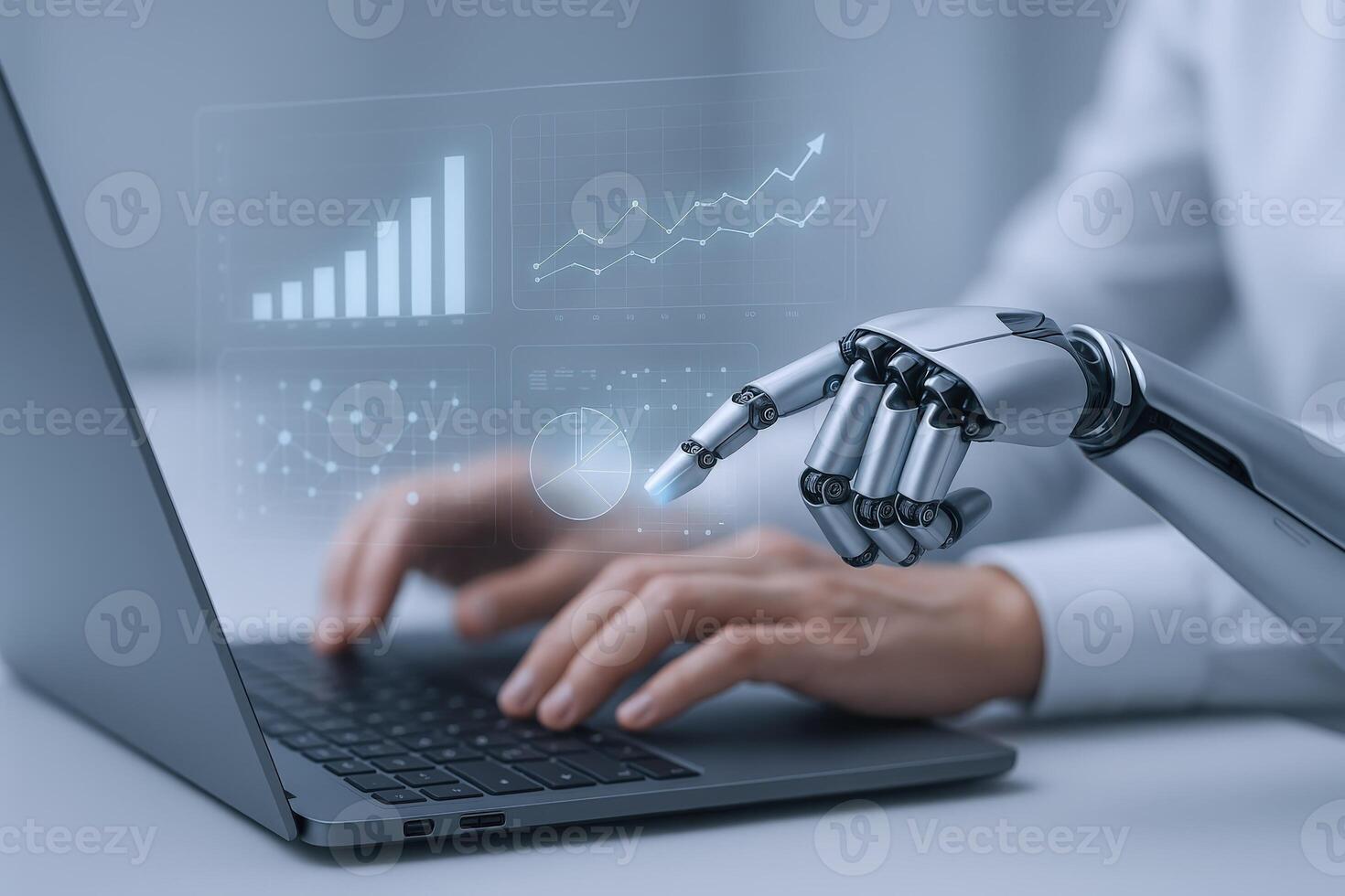 AI-Powered Financial Analysis Human Hands and Robot Arm Analyzing Data on Laptop with Graphs photo