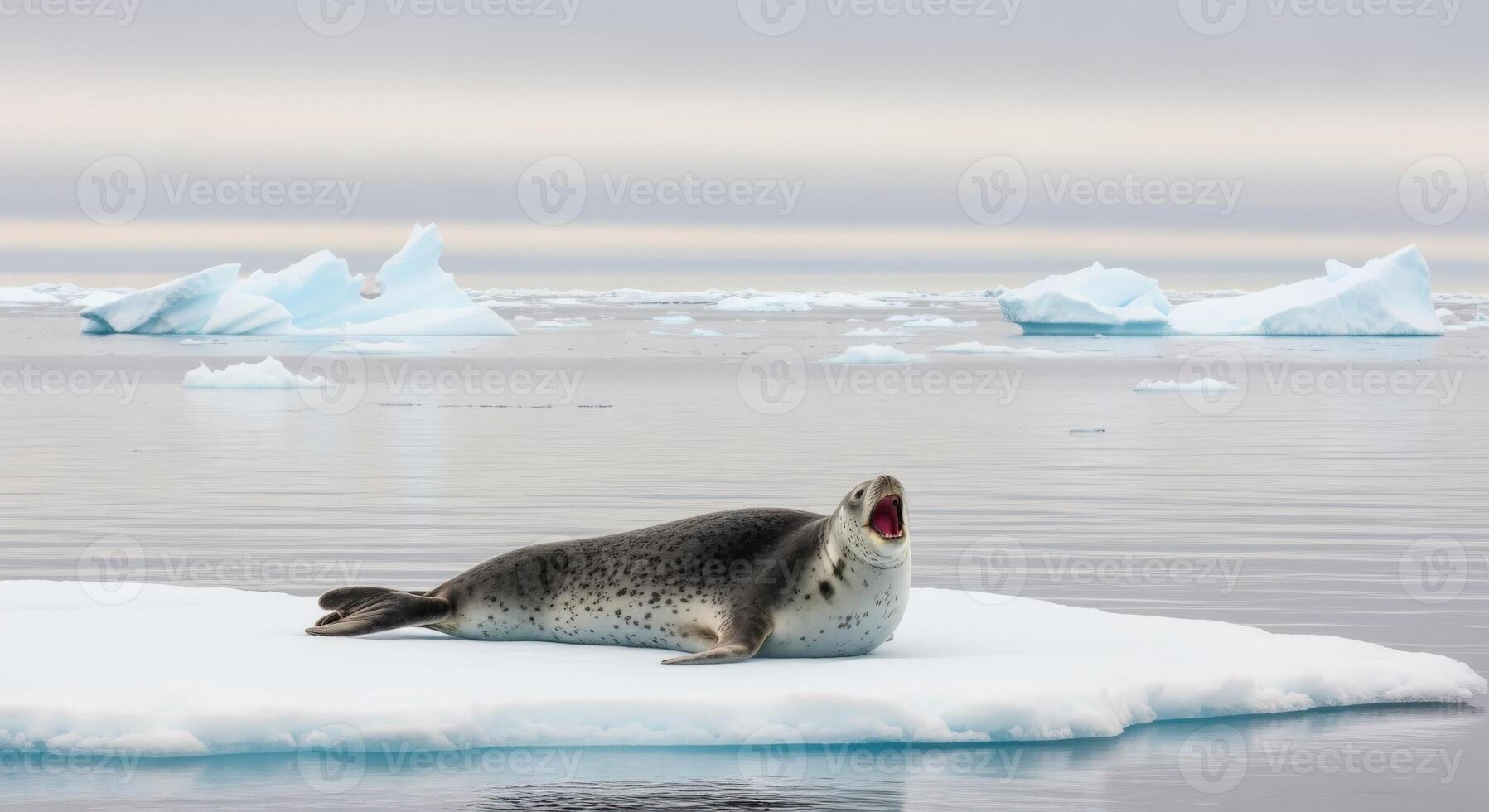 Leopard Seal Resting on Ice Floe in Antarctica with Open Mouth Calling Out photo