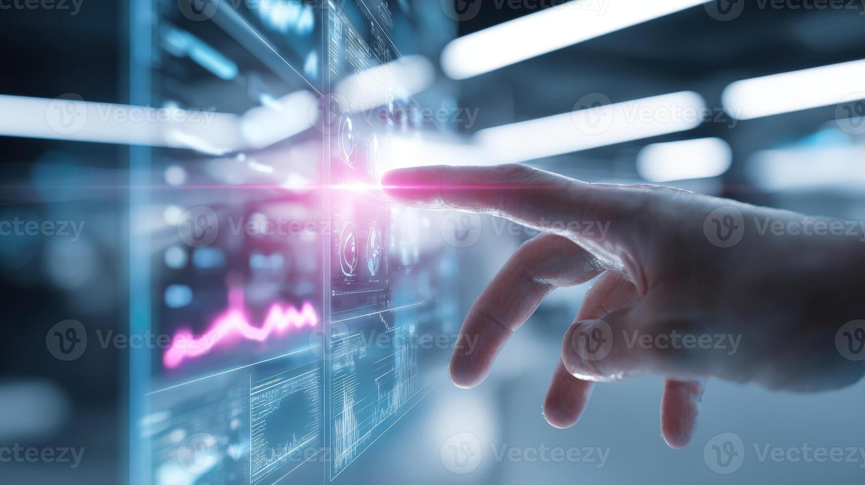 Hand Interacting with Digital Interface Displaying Data Visualization and Charts for Business Analysis and Technology Solutions photo