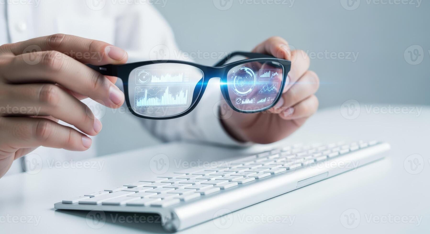Augmented Reality Smart Glasses Displaying Digital Information and Data for Modern Technology Integration in Business photo