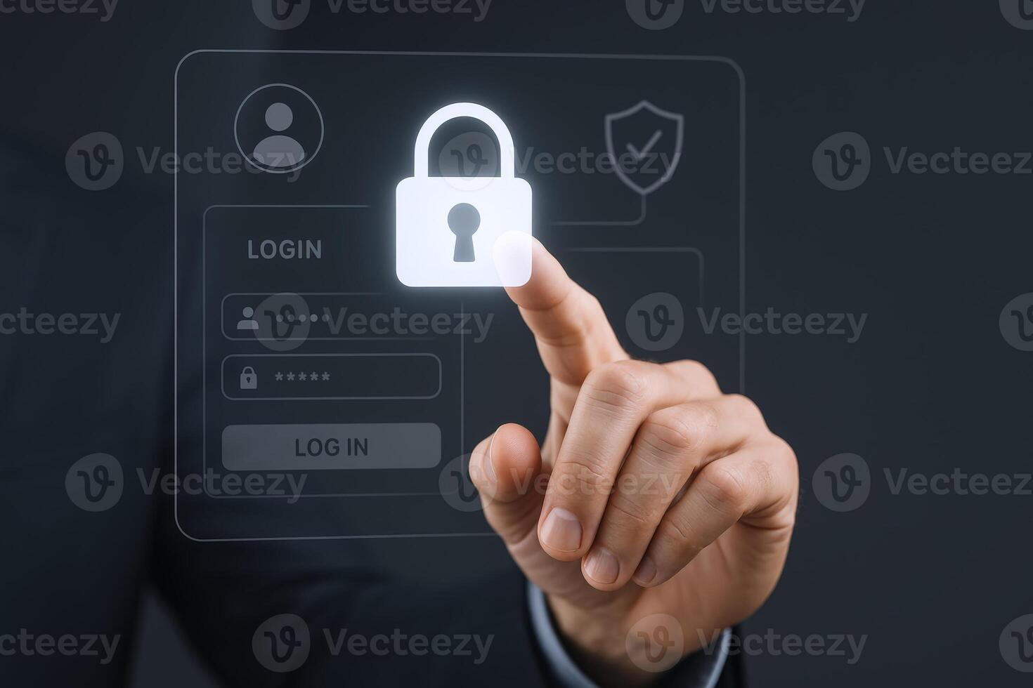 Secure Login Interface on Transparent Screen with Hand Interaction Demonstrating Data Protection and Privacy photo