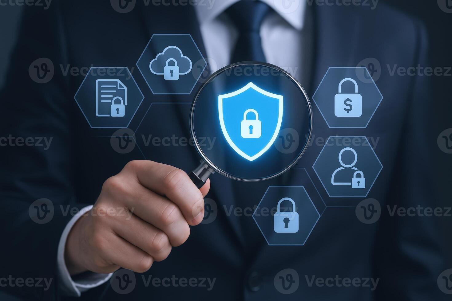 Cybersecurity Expert Analyzing Data Protection with Magnifying Glass, Ensuring Secure Network and Privacy, Conceptual Image photo