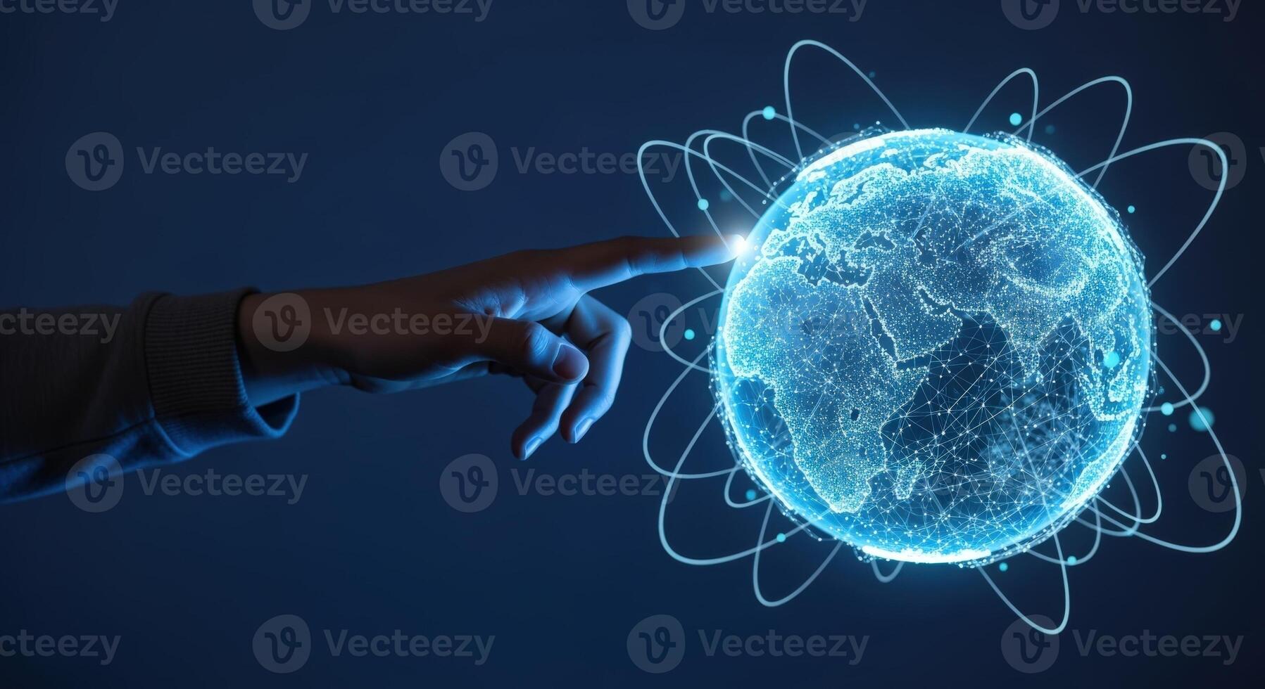 Global Network Connection Hand Touching Digital Earth Globe with Data Streams and Futuristic Technology photo