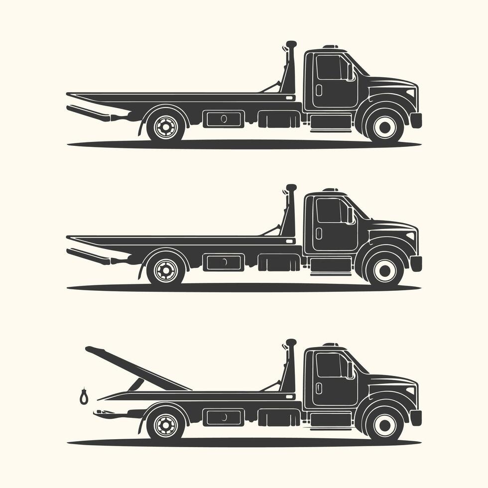 Art of set of three flatbed tow trucks in profile view vector