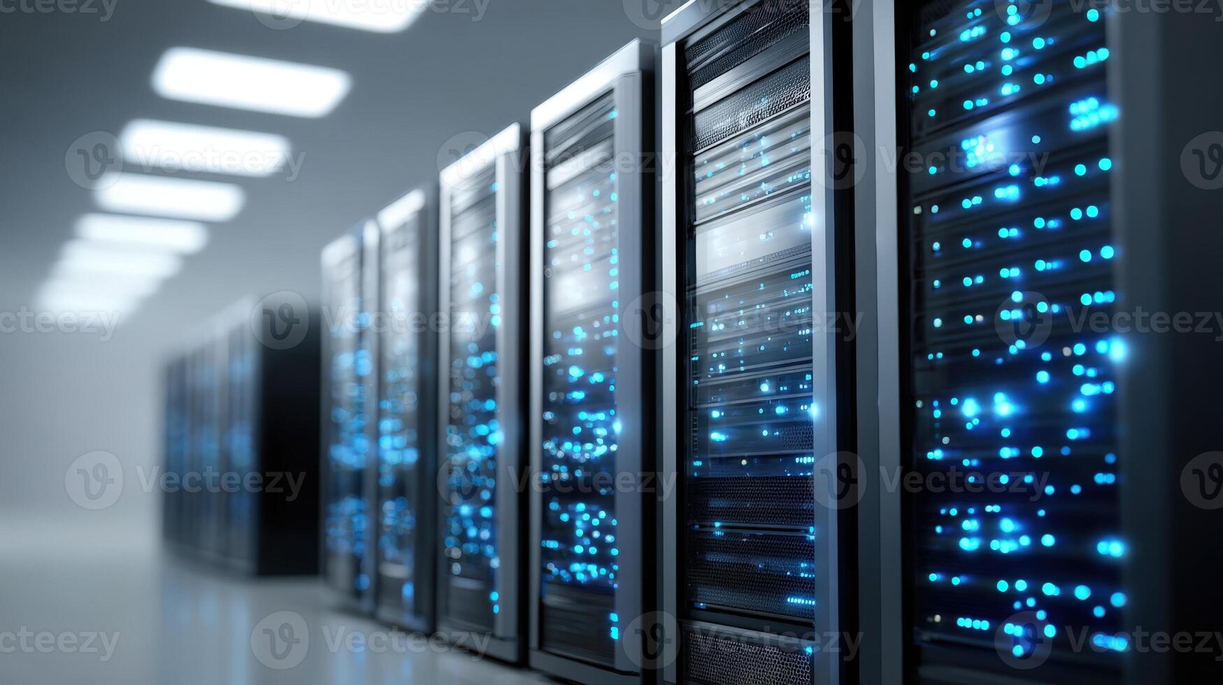 Server Room Data Center with Rows of Rack Servers and Blinking Lights for Technology photo