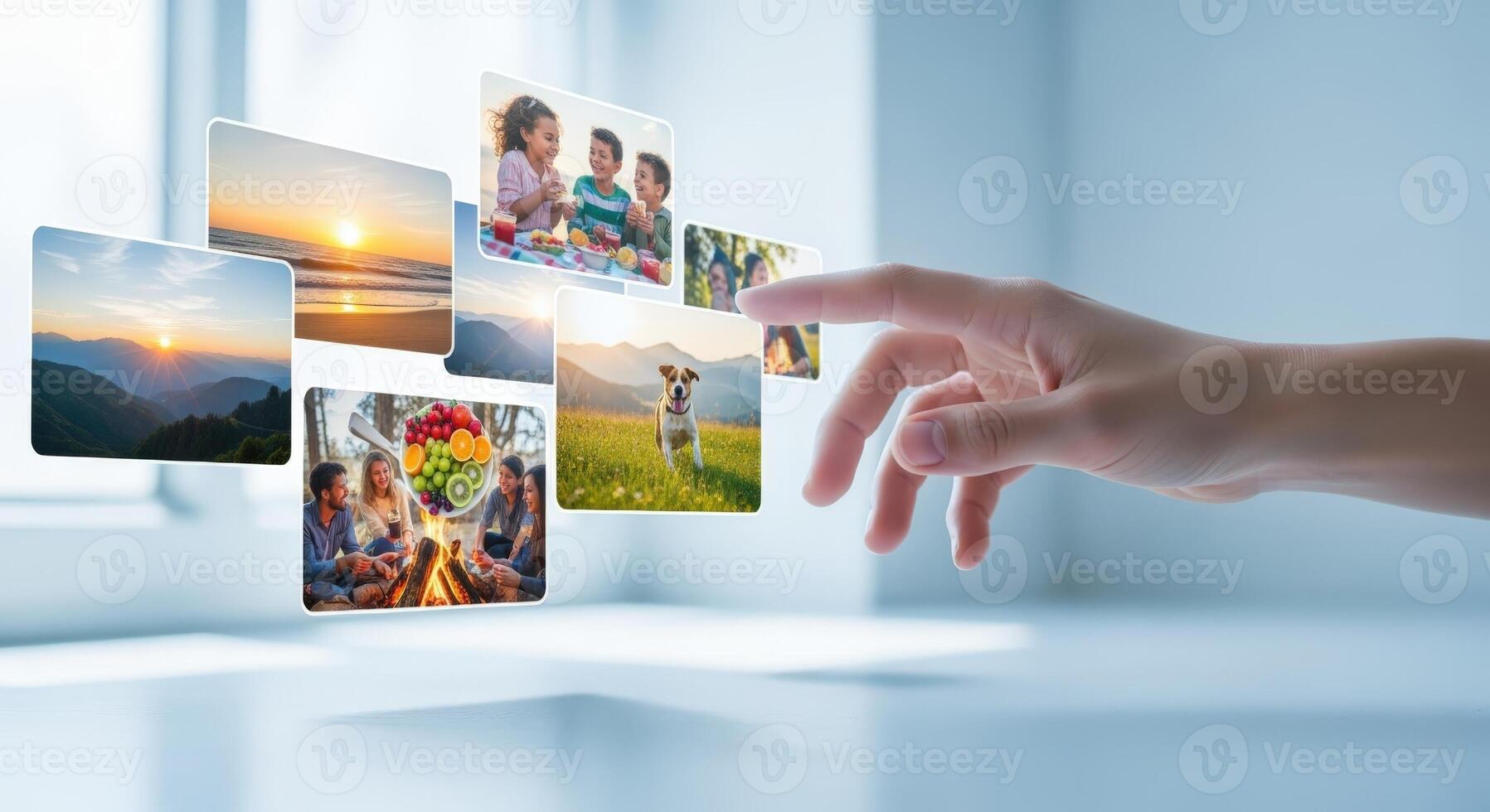 Hand Interacting with Digital Photos Displayed in Augmented Reality, Showcasing Memories and Digital Content