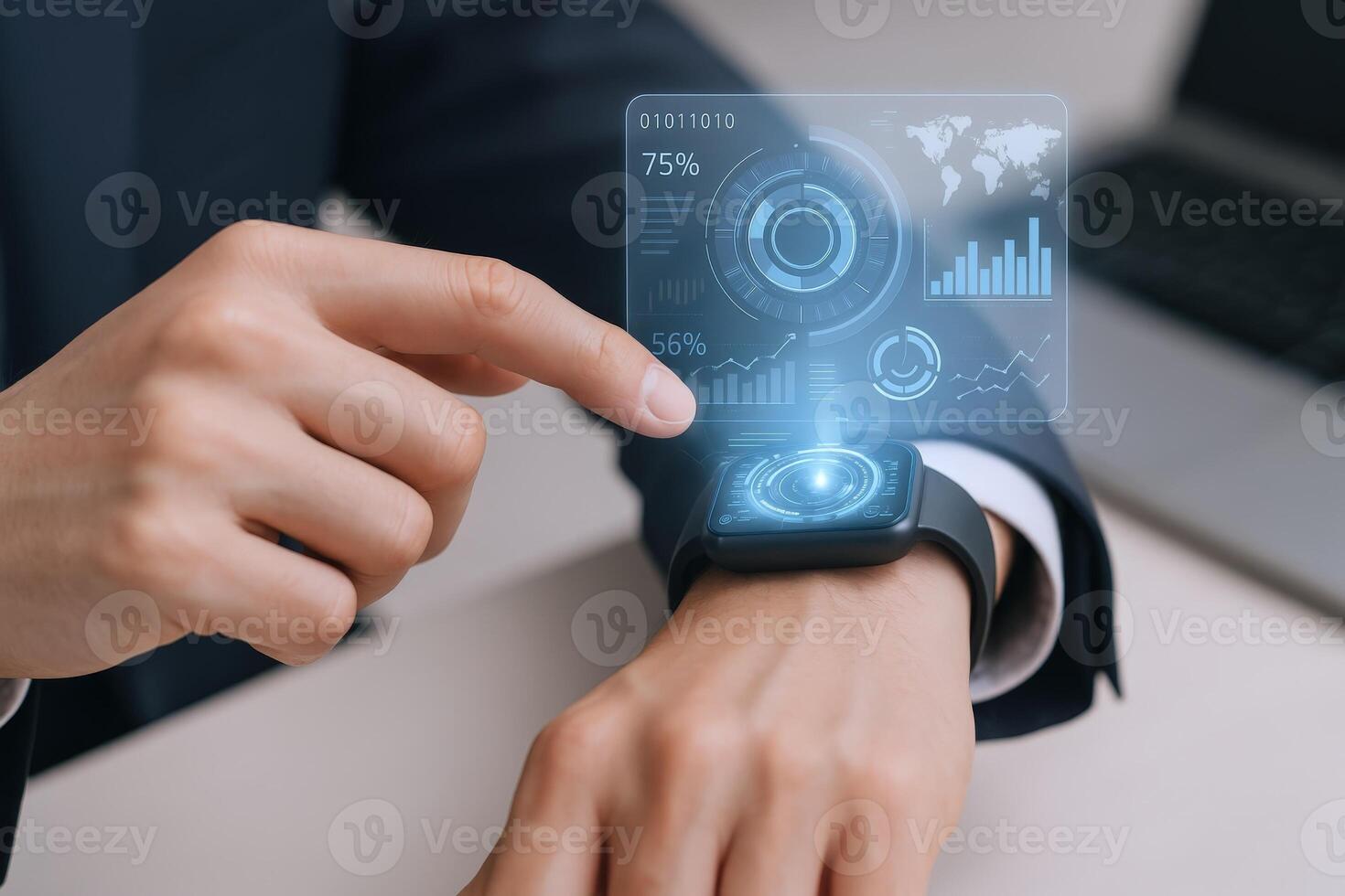 Businessman Interacting with Futuristic Smartwatch Interface Displaying Data Analytics and Global Network Connections for Enhanced Productivity photo