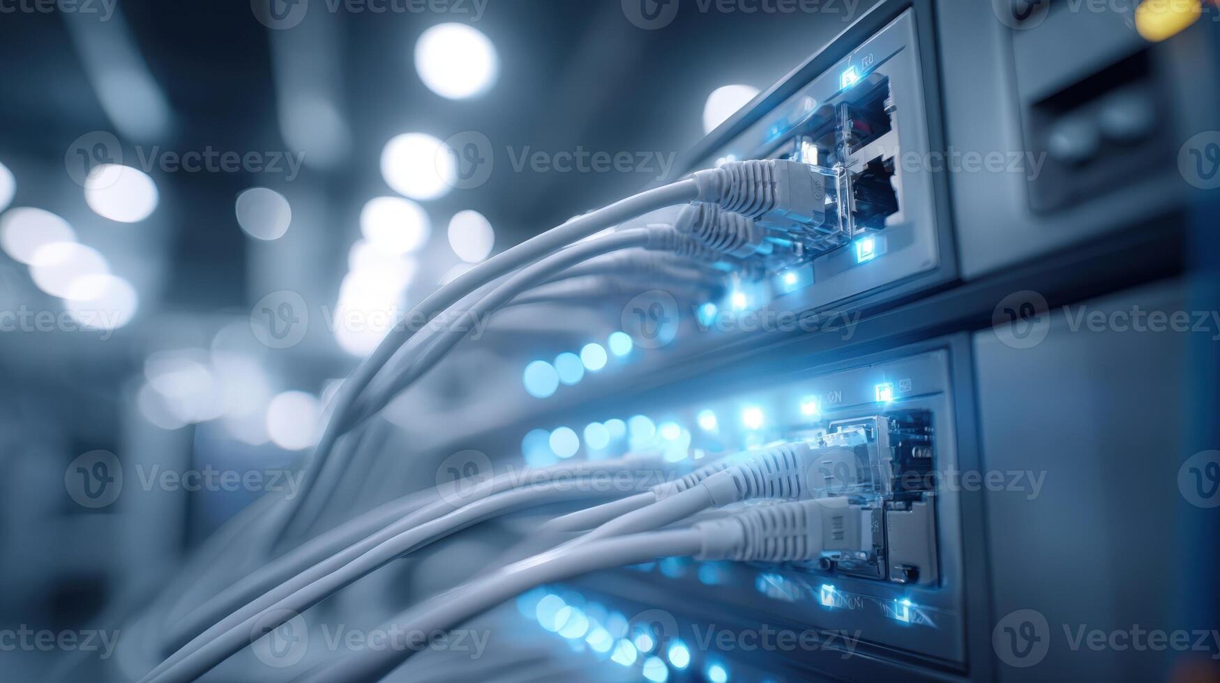 Network Switch with Ethernet Cables Connecting Devices for High-Speed Data Transfer in a Server Room photo