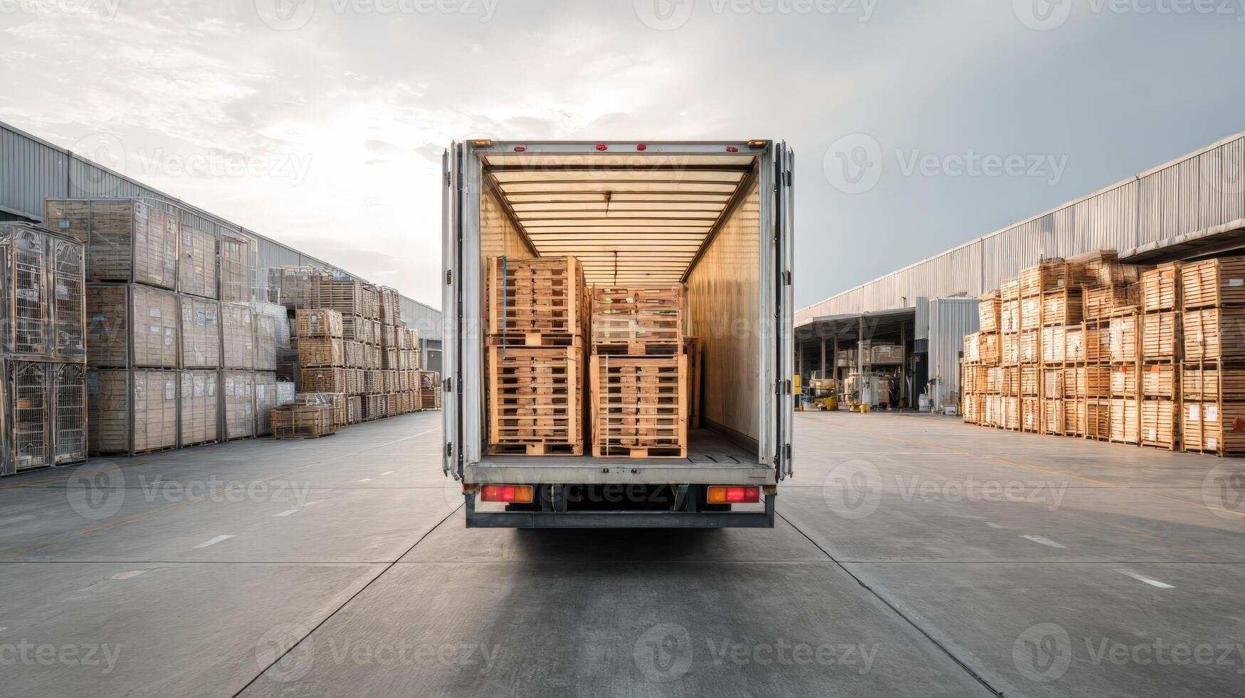 Open Truck Loaded with Pallets in a Warehouse Loading Dock Ready for Distribution and Shipping photo