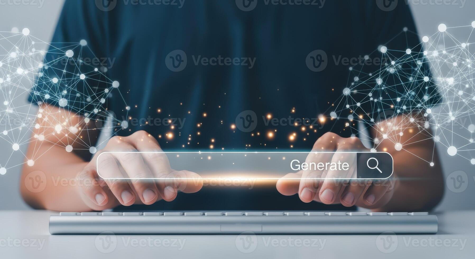 Hands Typing in Search Bar with Digital Network Overlay for Online Information Access photo