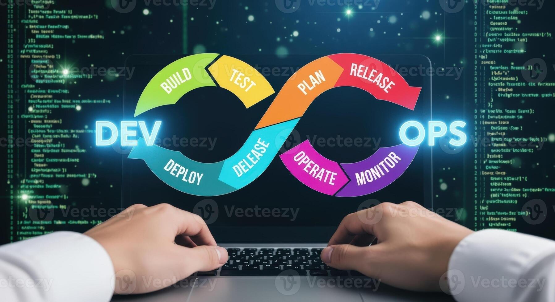 DevOps Lifecycle Visualization Software Development and IT Operations Workflow on Screen with Hands on Laptop photo