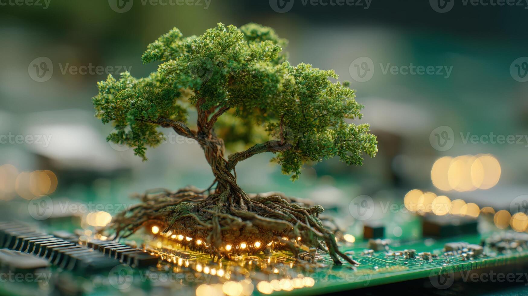 Green Tree Growing from Computer Circuit Board, High Tech Ecological Concept, Sustainable Technology photo