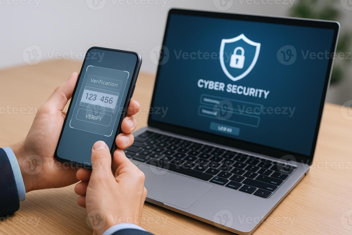Two-Factor Authentication on Phone and Laptop Screen Displaying Cyber Security Shield for Data Protection photo