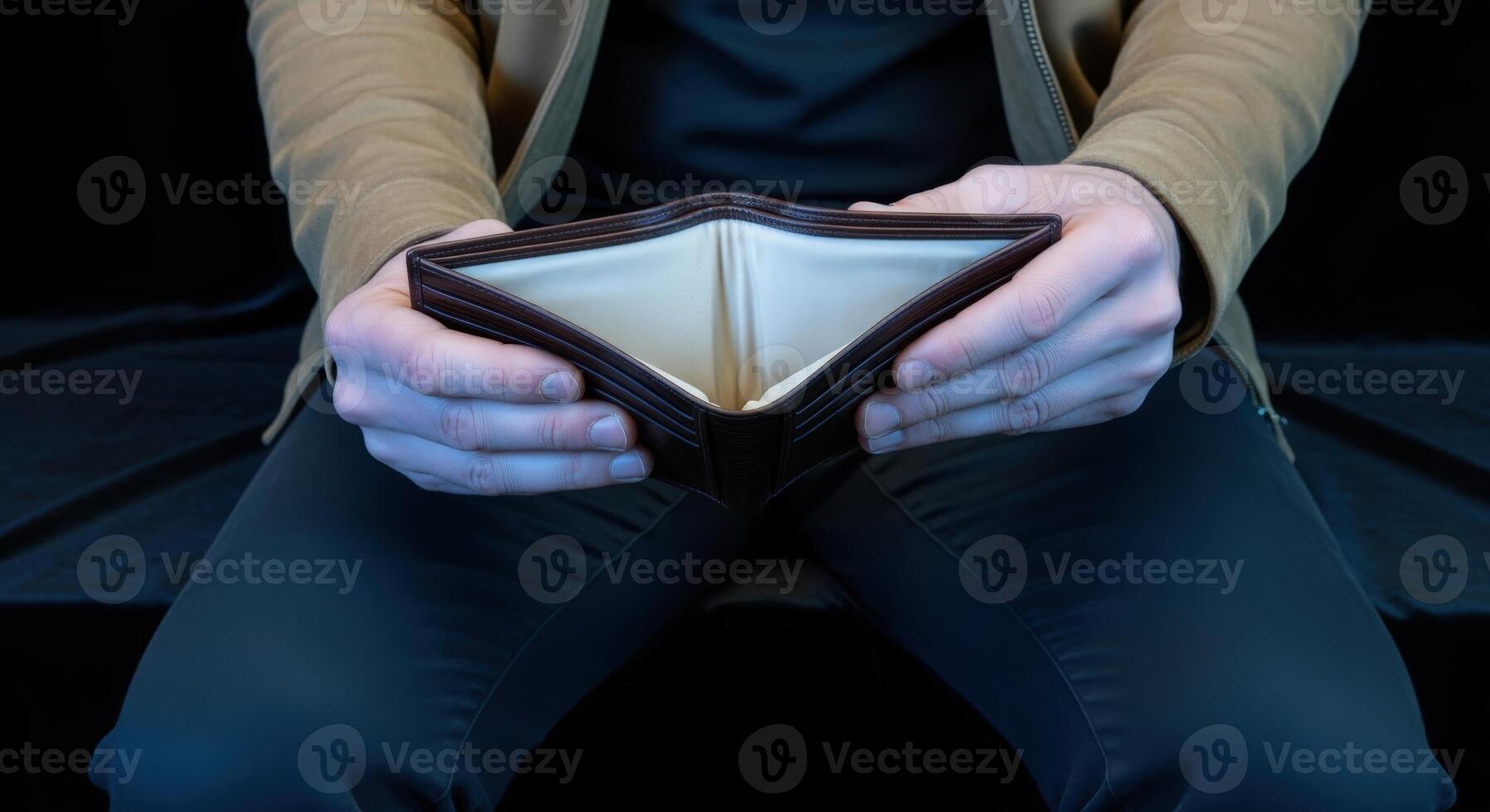 Empty Wallet Displayed by a Man, Symbolizing Financial Hardship and Economic Challenges with Dark Background photo