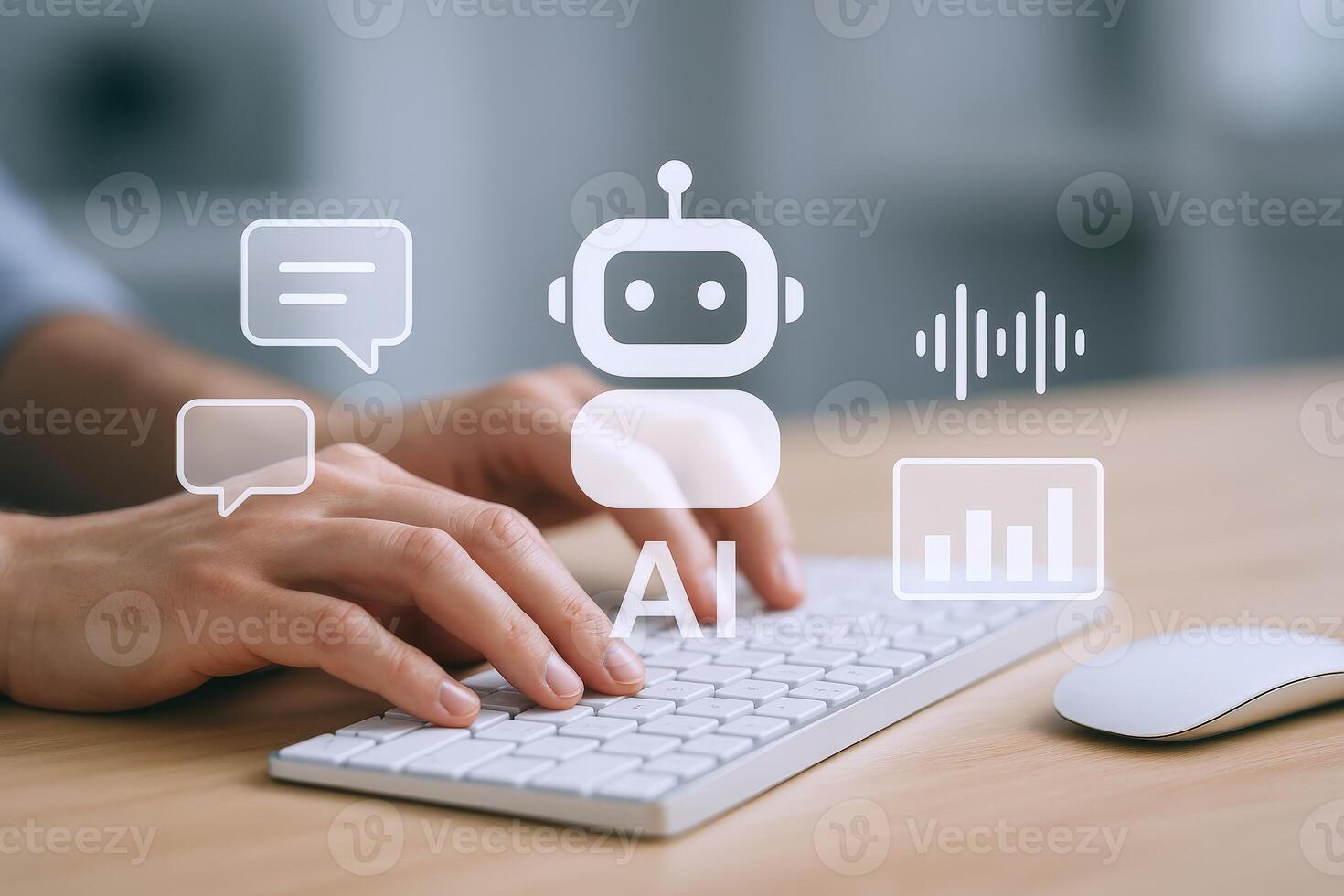 AI Integration Concept Person Typing on Keyboard with Robot Graphic Overlay for Artificial Intelligence photo