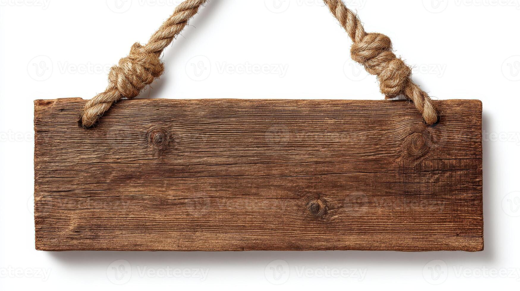 Rustic Wooden Sign Hanging from Rope with a Blank Space for Custom Text on White photo