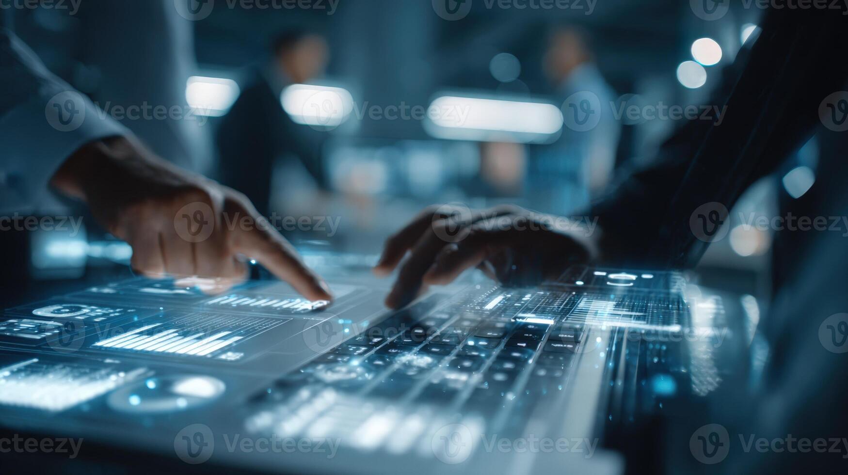 Futuristic Technology Interface Hands Interacting with Digital Screen Displaying Data Visualization and Analytics in a Modern Office photo