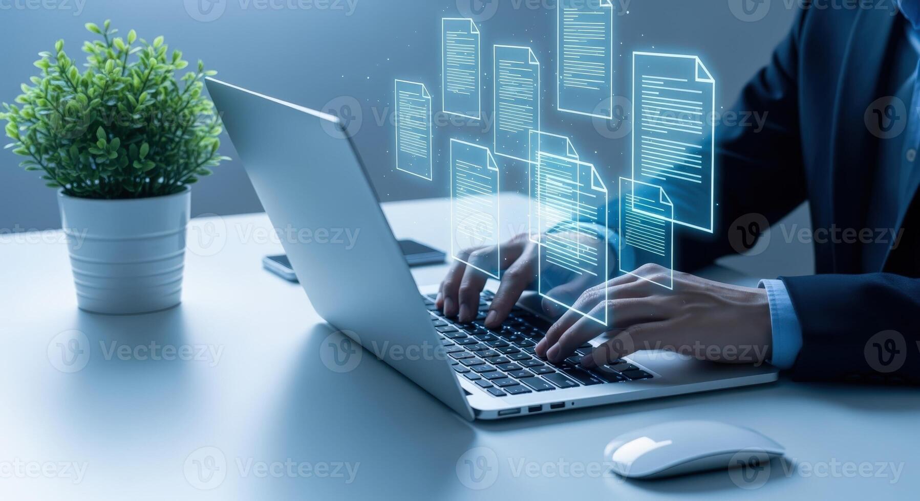 Businessman working on laptop with digital documents, data management and document control concept photo