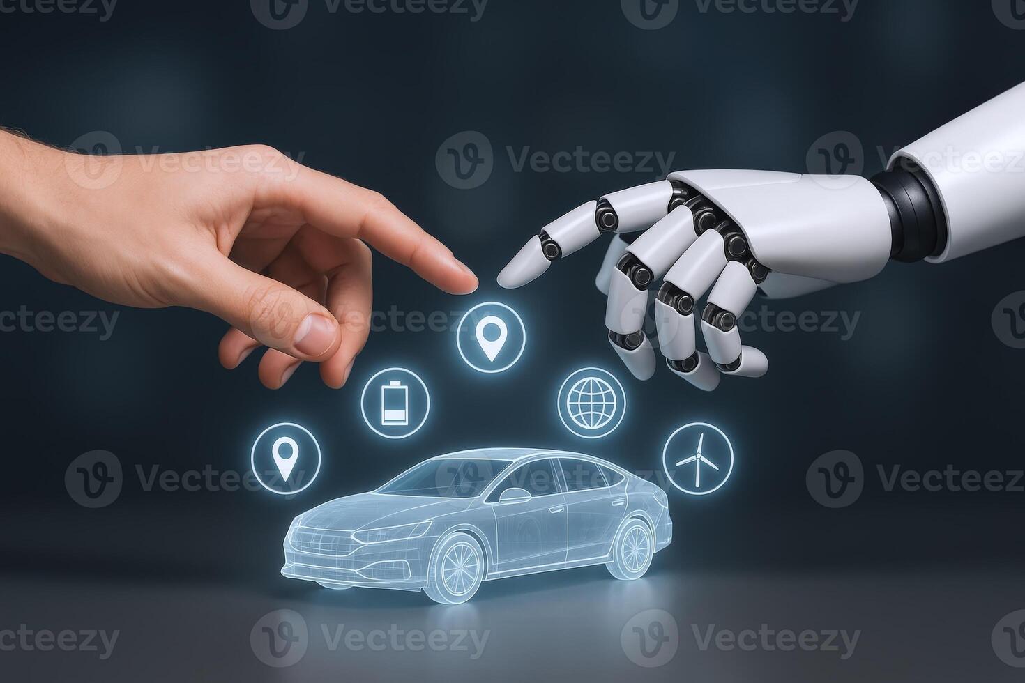 Human and Robot Hands Interact with Autonomous Car Technology Represented by Digital Interface, Modern Transportation Concept photo