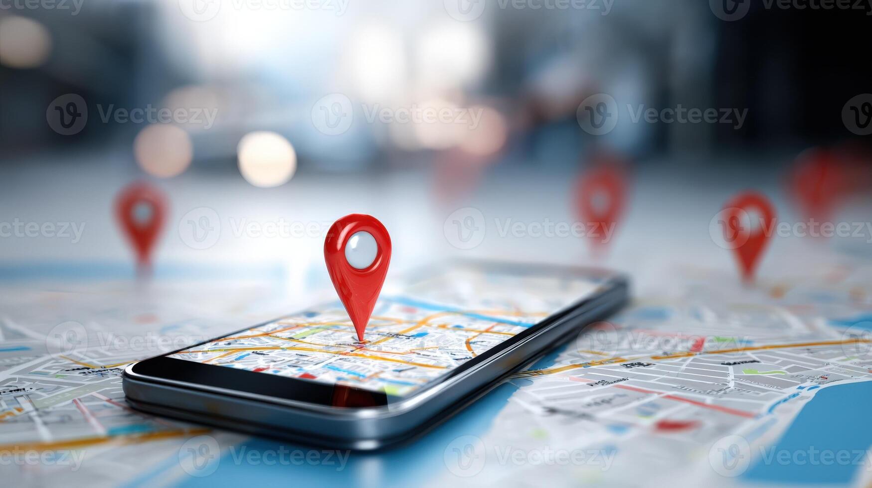 Navigation App on Smartphone with Red Pin Markers Displaying Location and Route Planning for Travel photo