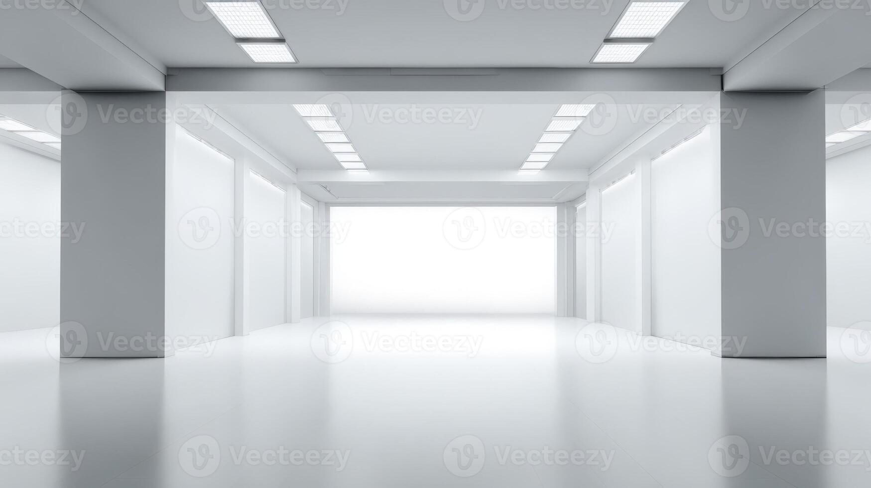 Bright Empty White Hallway with Columns and Recessed Lighting - Minimalist Architecture photo