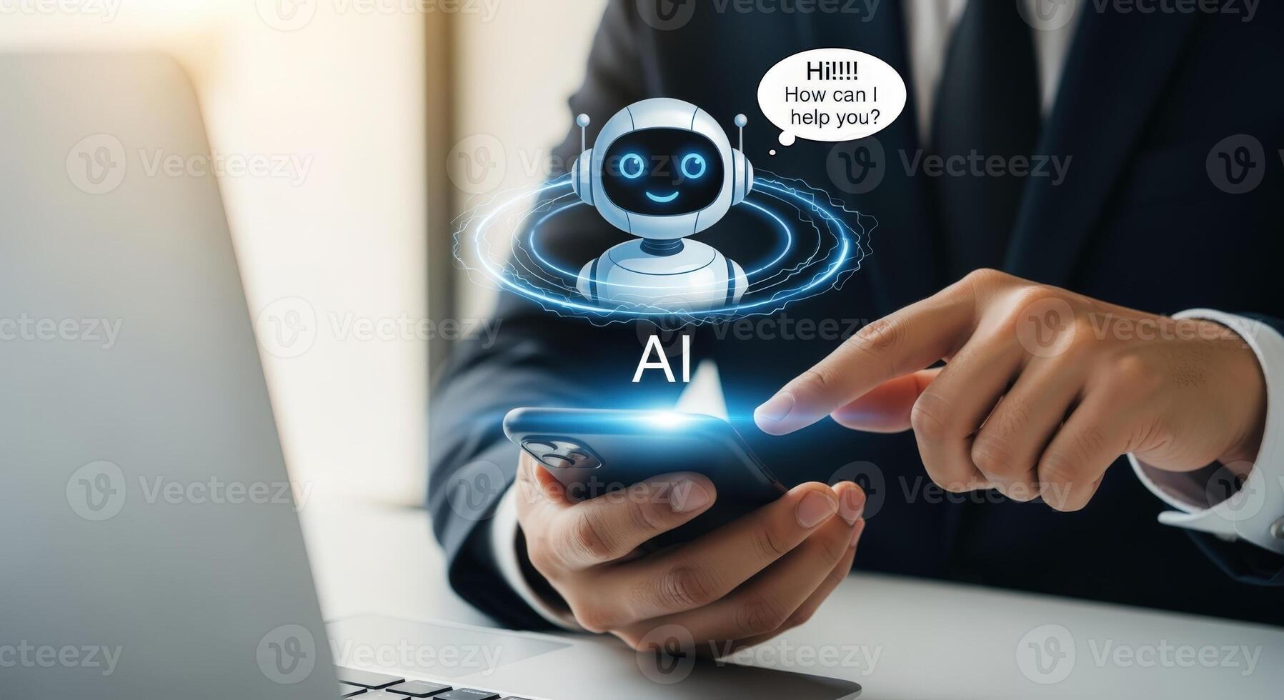 AI Assistant Concept Business Professional Interacting with Virtual Chatbot on Mobile Device for Customer Service photo
