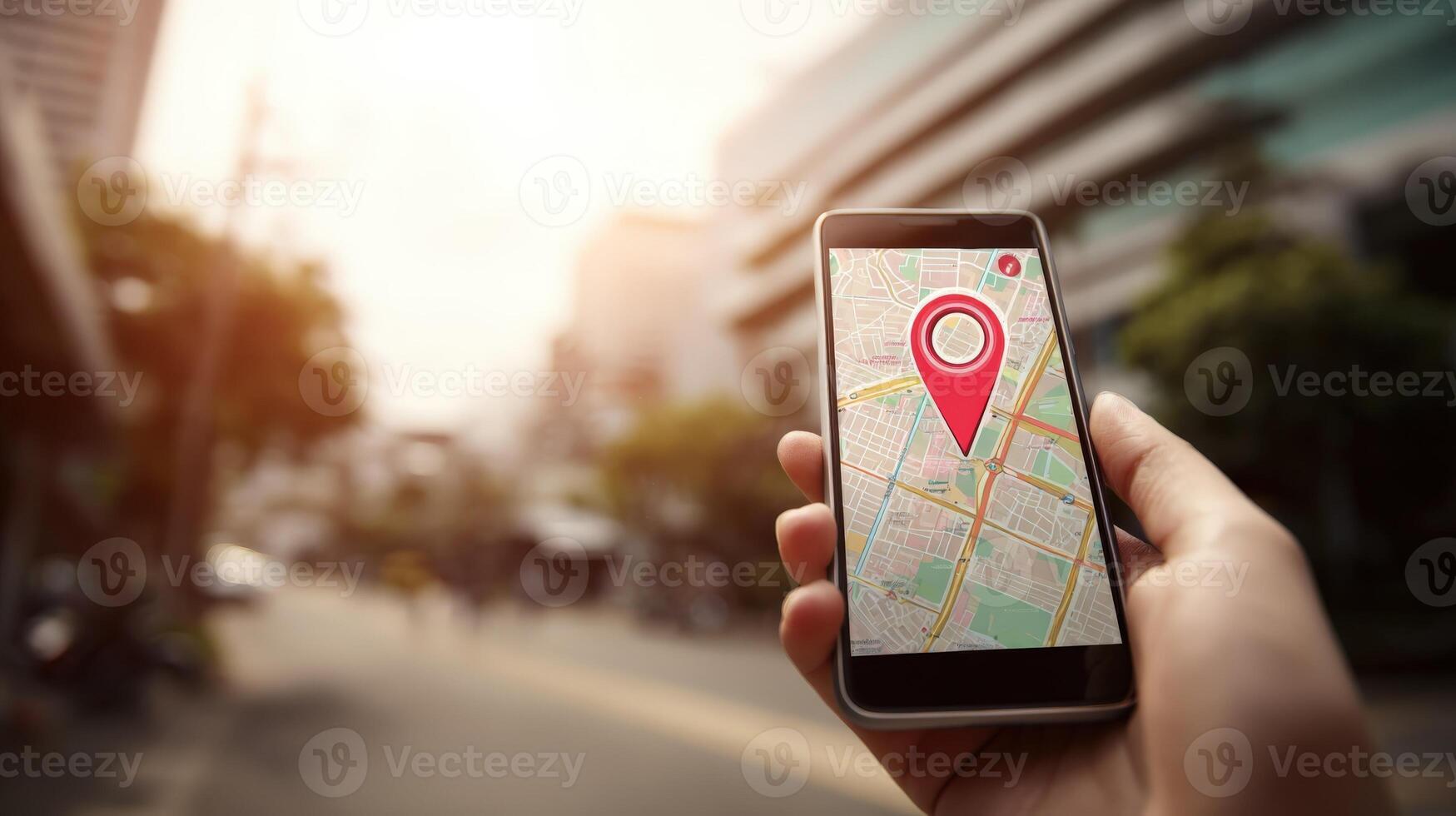Navigation App on Smartphone Display Finding Location in City with Red Pin, Street View photo
