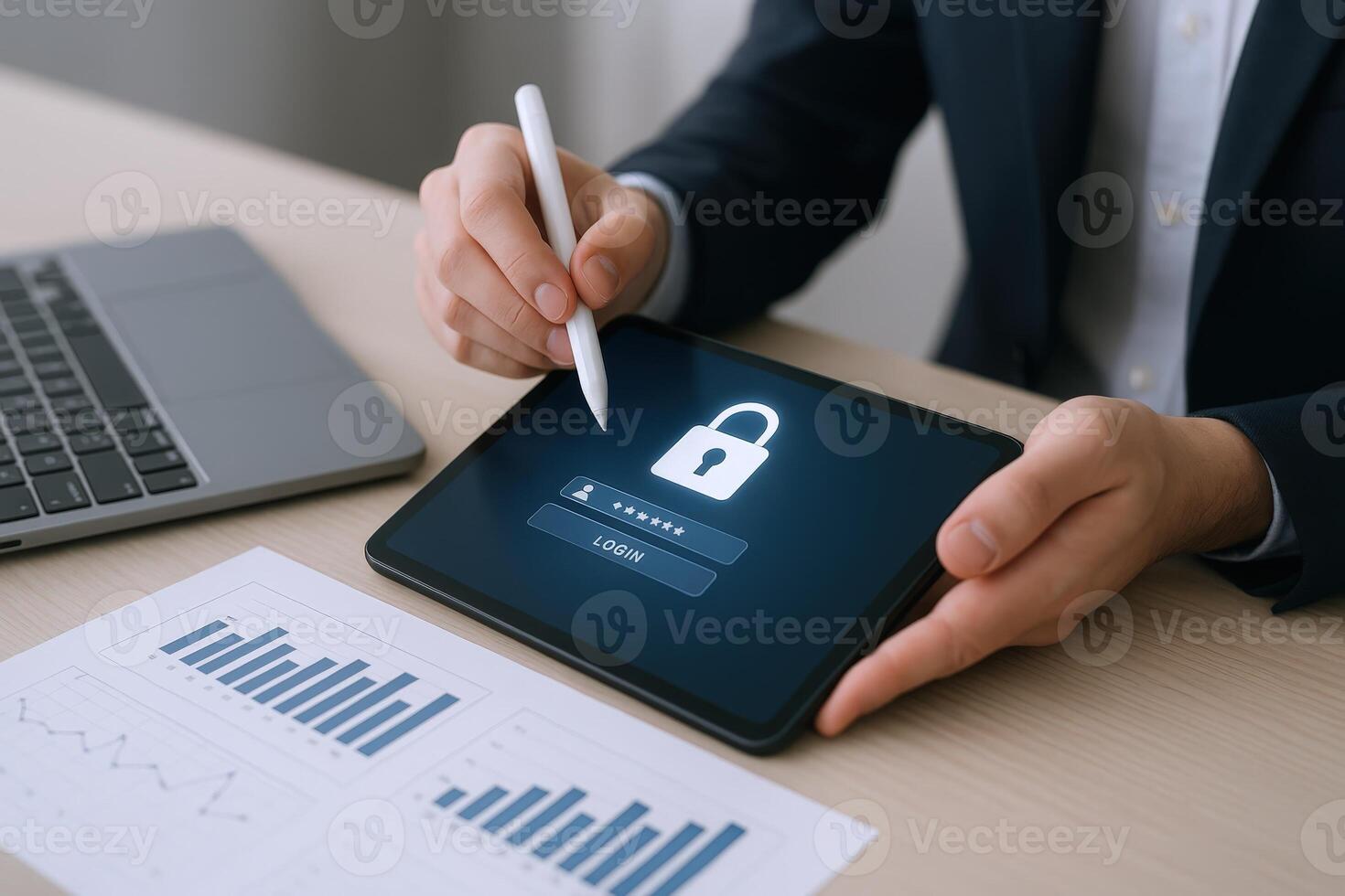 Data Protection on Digital Device Person using a Stylus to Access Secure System Login photo