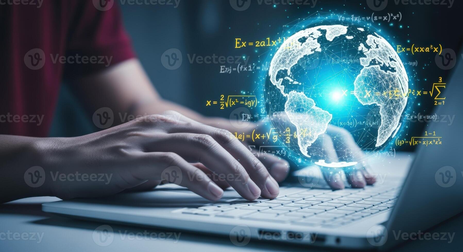 Data Scientist Working with Global Network Visualization, Typing on a Laptop, Analytics and Future Technology photo