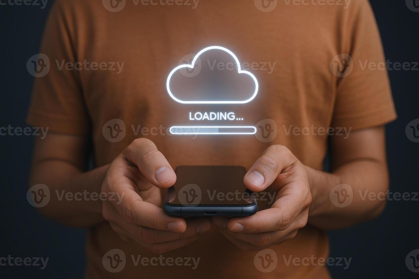 Cloud Uploading on Mobile Phone Man Holding Smartphone with Cloud Symbol, Loading Data photo