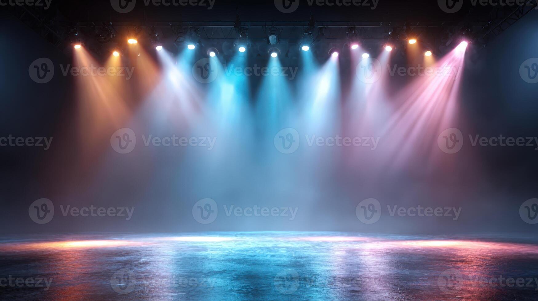 Stage illuminated with vibrant spotlights, creating dynamic atmosphere for performance or presentation, showcasing entertainment venue photo