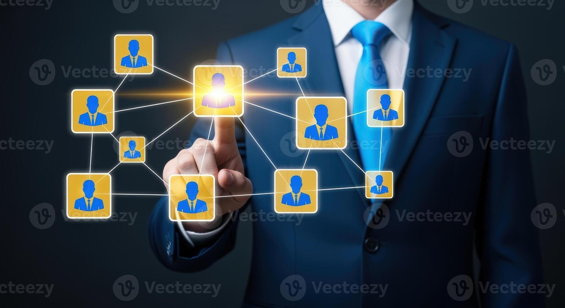 Businessman Connecting Virtual Team Members on Digital Network for Business Collaboration and Communication photo