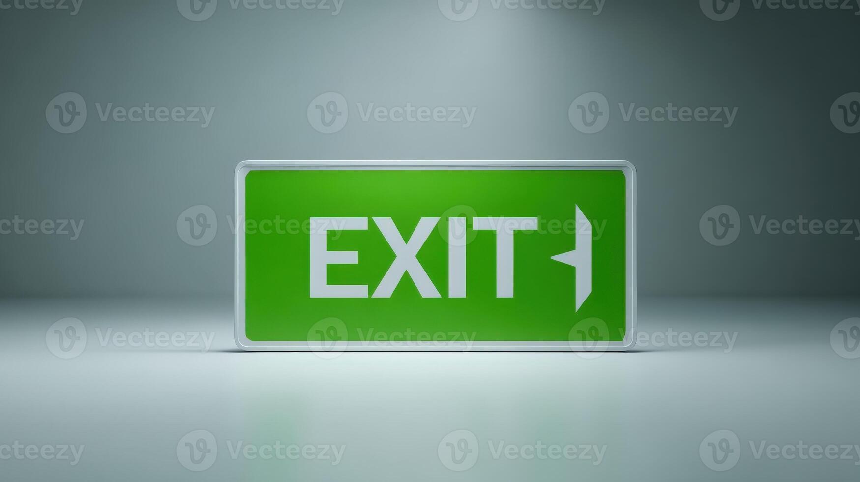 Illuminated Green Exit Sign with Arrow, Emergency Safety Evacuation Directional Indicator, Isolated on White Background photo