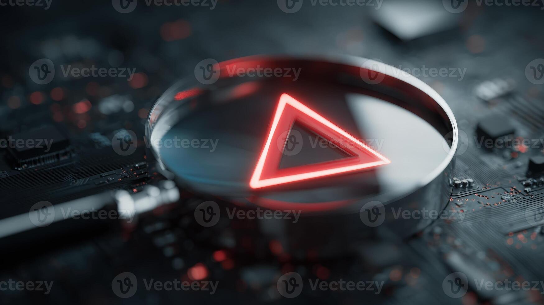 Futuristic Triangle Shape with Red Neon Glow on a Dark Circuit Board Surface, Technology Concept photo