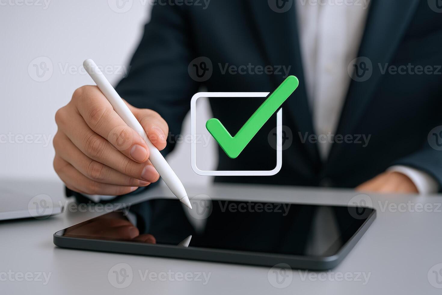 Digital Signature Concept Man Using Tablet and Stylus for Agreement Confirmation and Task Completion photo