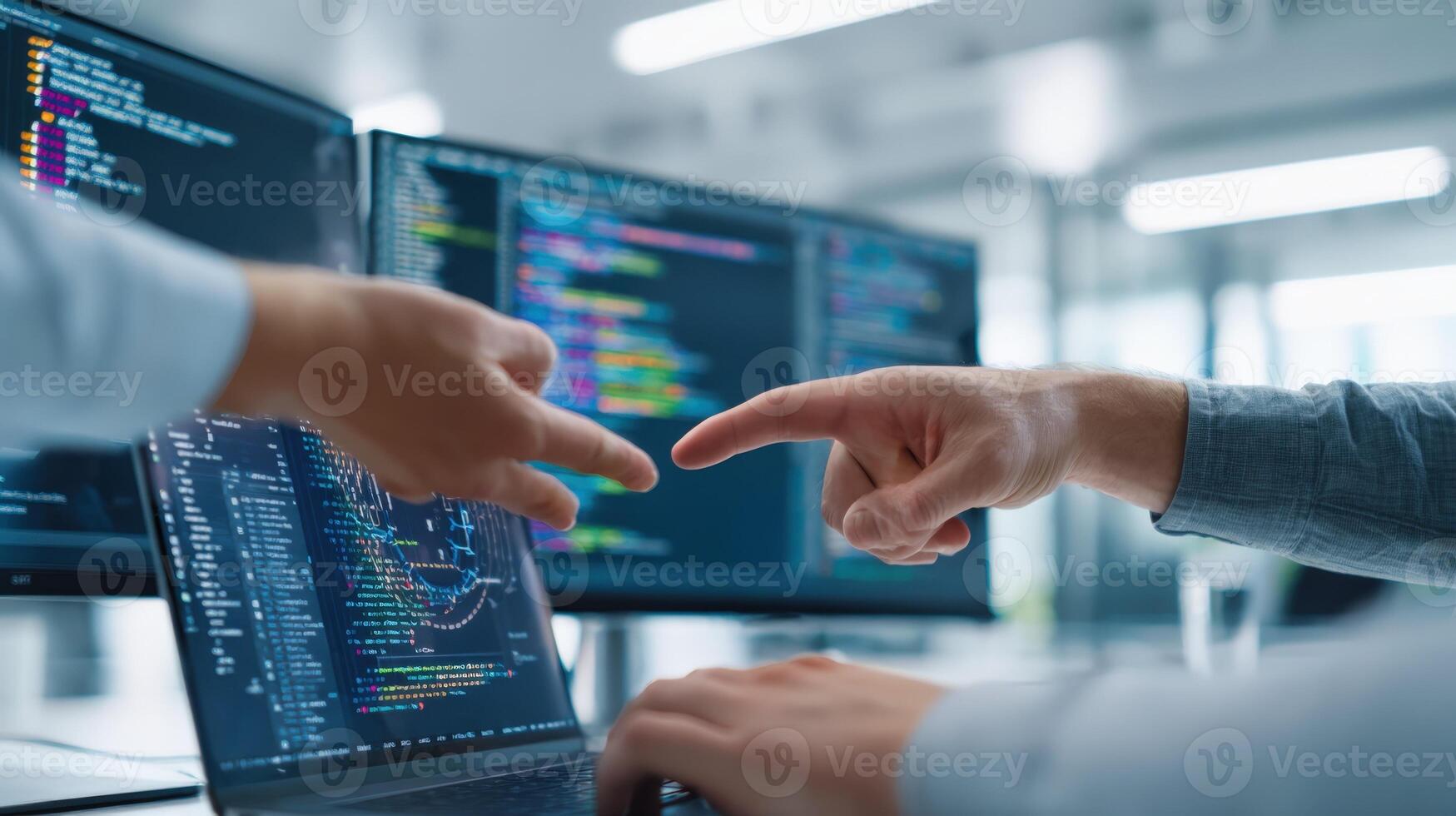 Software Developers Collaborating on Code Review, Analyzing and Debugging Application on Multiple Computer Screens photo
