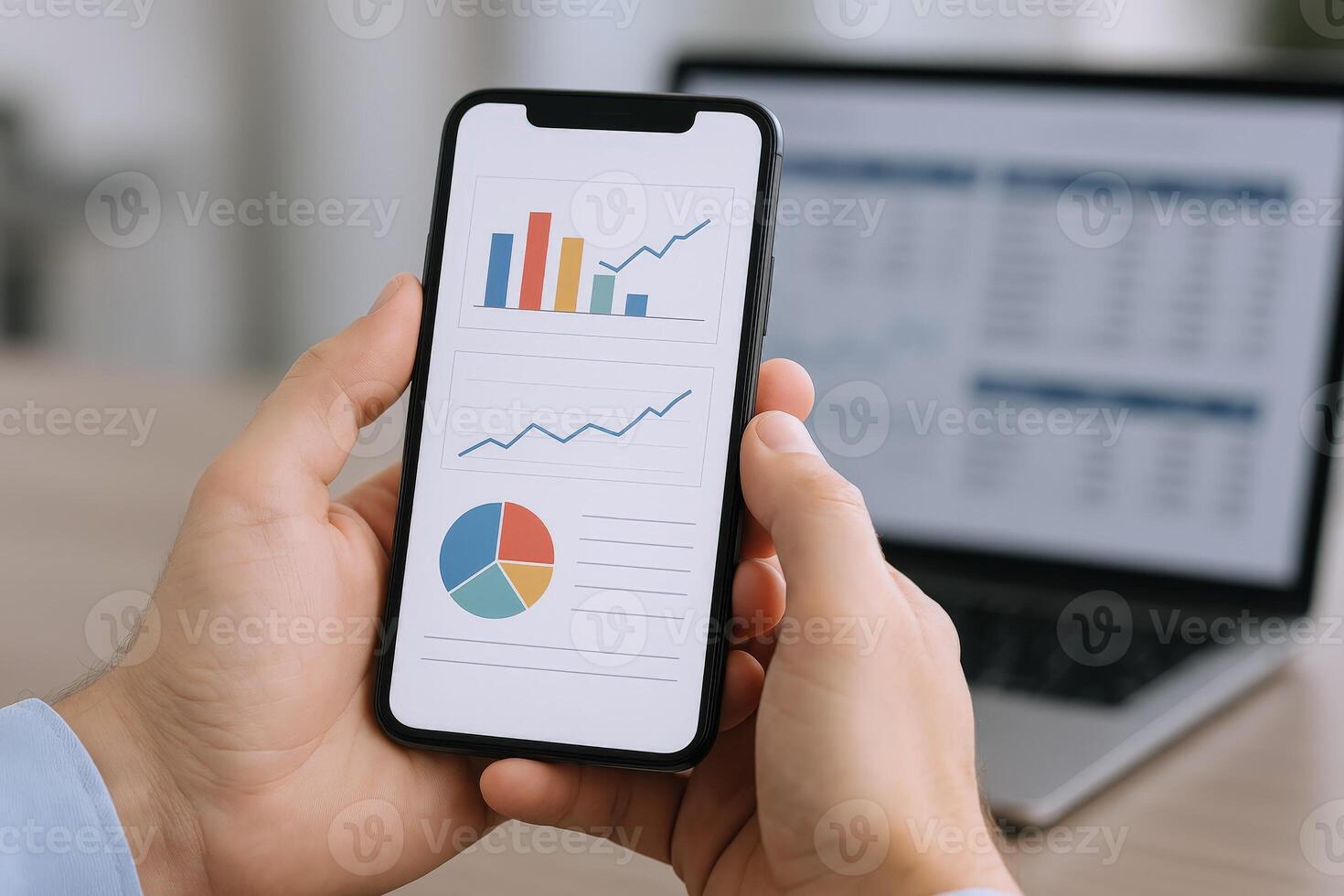 Analyzing Business Data on Smartphone with Charts and Graphs for Financial Success in Modern Office photo