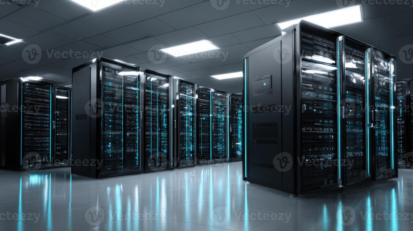 Data Center with Rows of Server Racks and Blue Lights Illustrating Global Network Technology photo