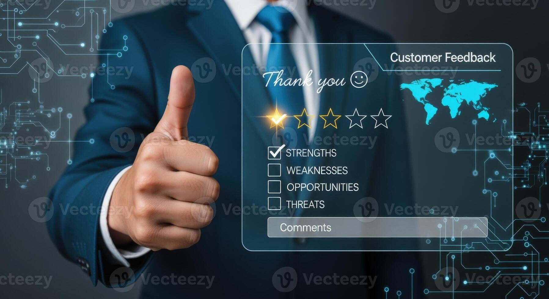 Positive Customer Feedback Concept with Thumbs Up and Digital Interface Displaying Review Elements photo
