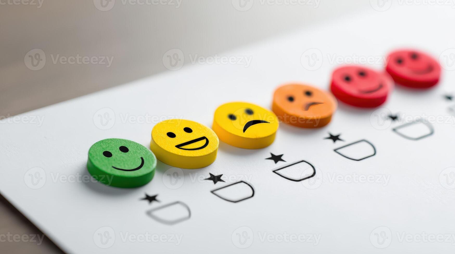 Customer Feedback Survey Colorful Smiley Faces Representing Range of Satisfaction and Service Quality Assessment photo