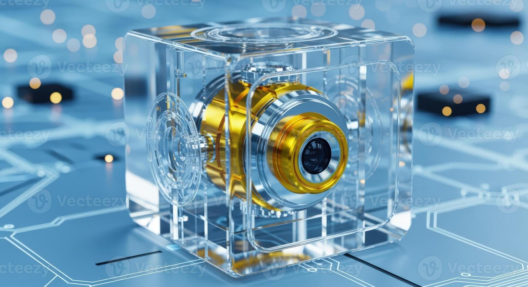 Advanced Sensor Technology Golden Sensor Encased in Transparent Cube on Circuit Board Background photo