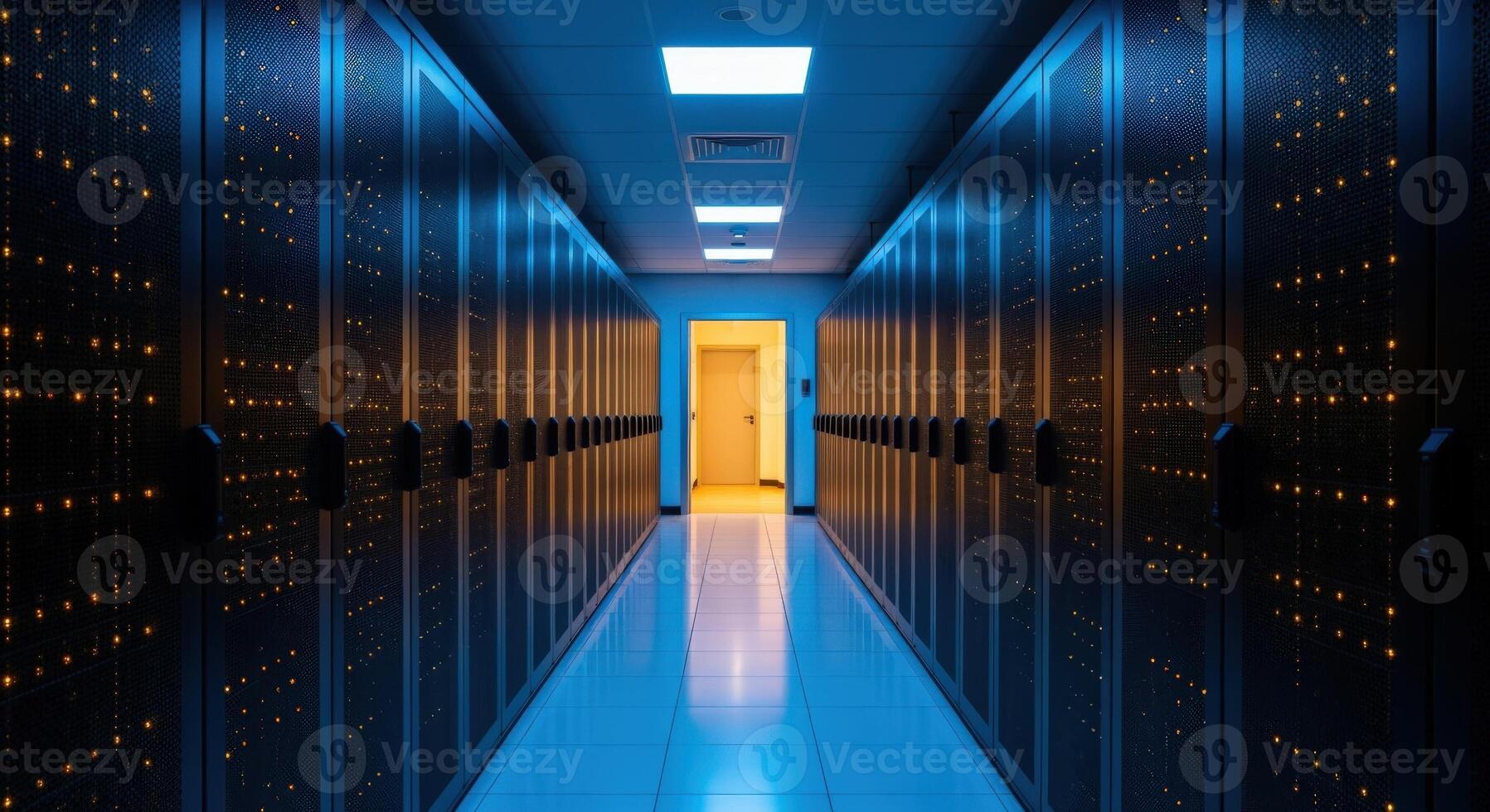 Server Room Data Center with Rows of Rack Servers and Network Equipment for Data Storage photo