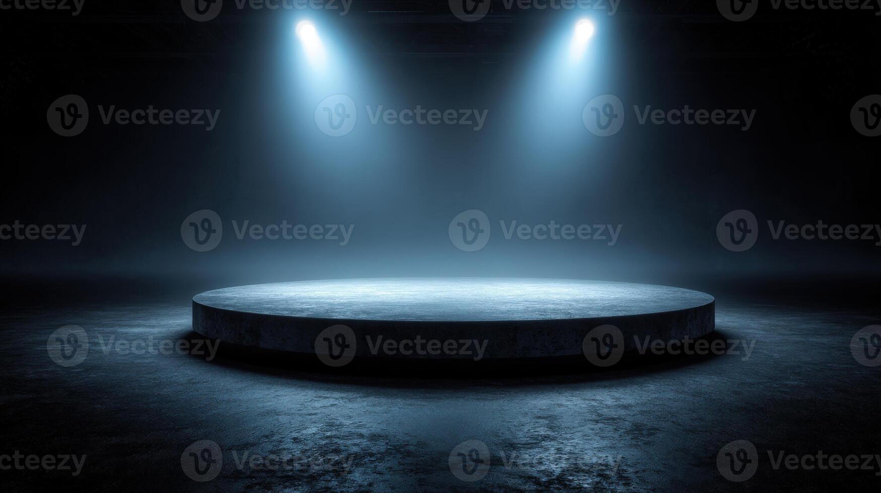 Illuminated Round Stage with Spotlights Modern Presentation Platform for Product Display and Performance in Dark Ambiance photo