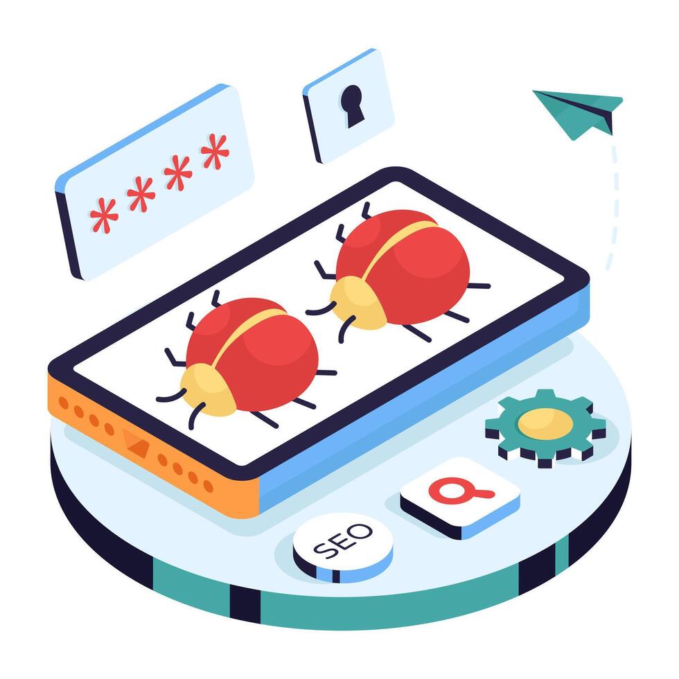 Bugs illustrated on a phone screen vector