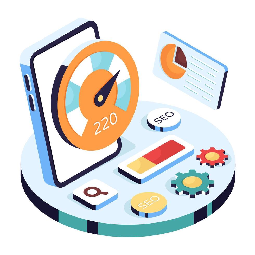 SEO performance meter with smartphone illustration vector