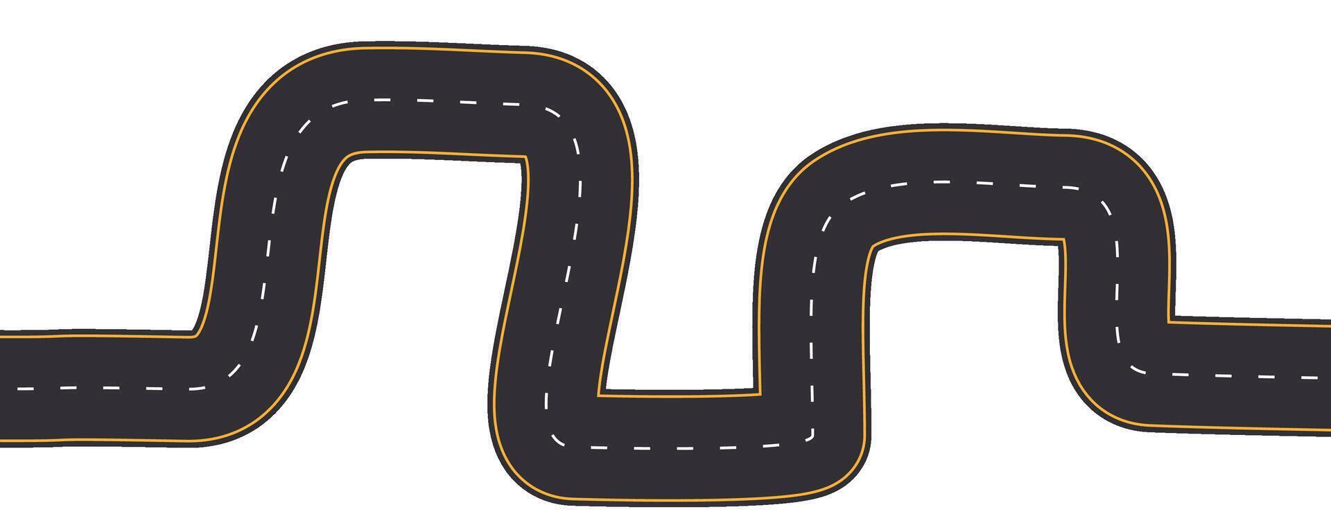 Top view Winding road top view, highway curve path. Empty horizontal way, map. Asphalt wavy road template, game, design element. vector