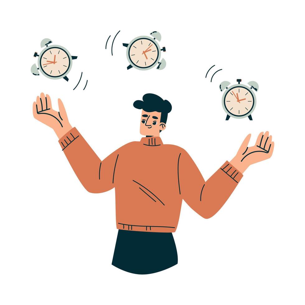 Time Management with Man Character Juggle Clock Dial Organizing Efficient Business Process Illustration vector