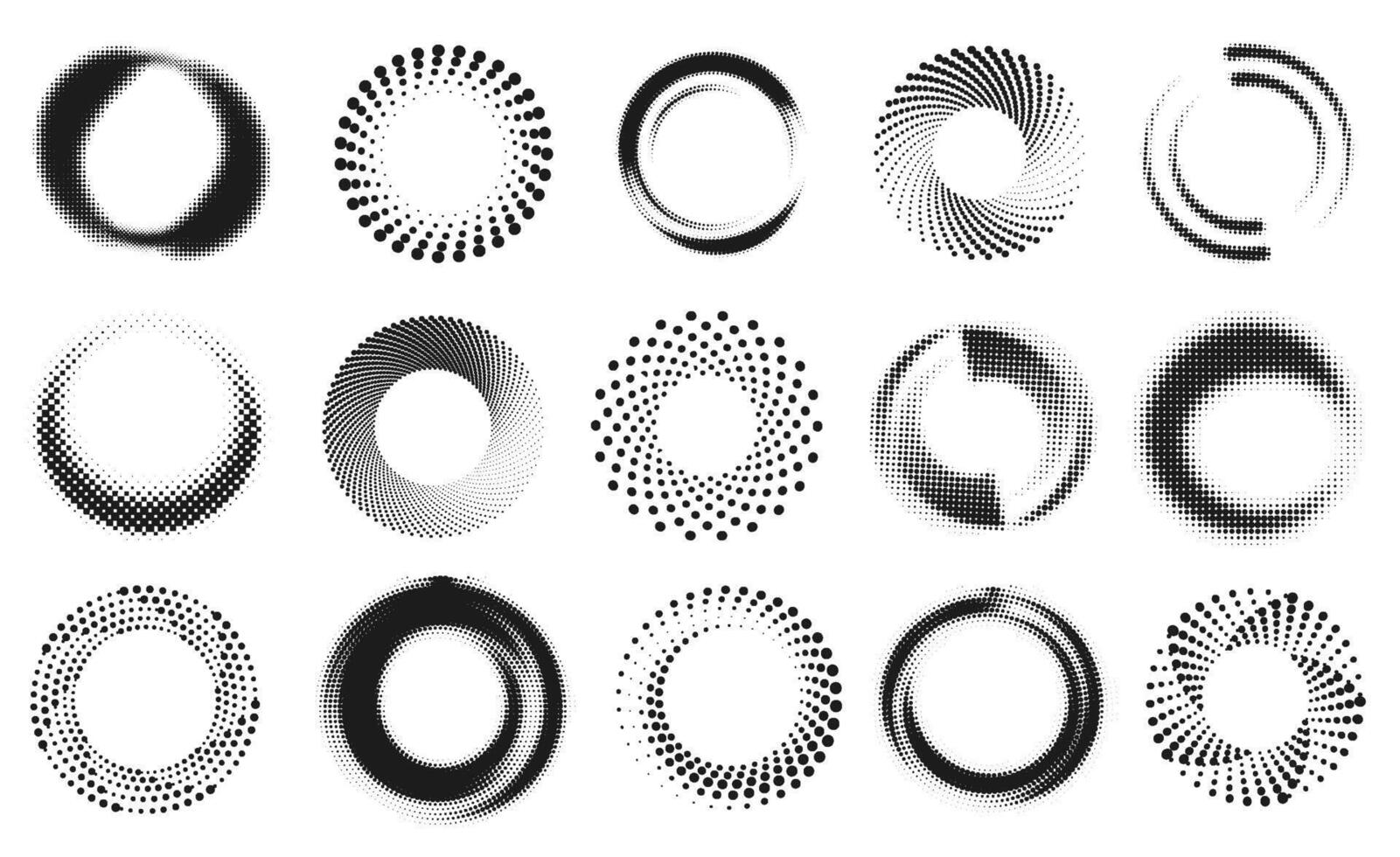 Halftone circular frames. Abstract dotted circle borders, round gradient rings and blurred swirl radial shapes with geometric half tone effect. Retro dotwork frame set vector